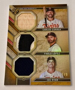 lot 18D image: Carlos Correa  Pablo Lopez  Joe Ryan - 19 Triple Treads Nasty Patch Relic 2024 Topps #RCC-CLR Minnesota Twins Baseball Card