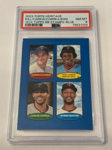 lot 35D image: 2023 Topps Heritage Killebrew  Carew  Correa  Buxton 1974 Topps Stamps Blue PSA 8 NM- MT Pop 1, only 1 graded higher, Minnesota Twins Baseball Card