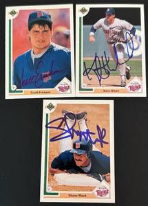lot 188D image: Kent Hrbek, Scott Erickson, Shane Mack On-Card Auto 1991 Upper Deck Signed Minnesota Twins Baseball Cards