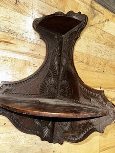lot 18J image: Antique Black Forest Chip Wood Hand Carved Corner Wall Shelf with Carved Floral Design