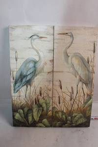 lot 49 image: Pair of Heron-Themed Wall Art Panels by Fujian Jianou Furen Wood Industry