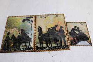 lot 86 image: Set of 3 Vintage Reverse Glass Paintings with Silhouette Designs