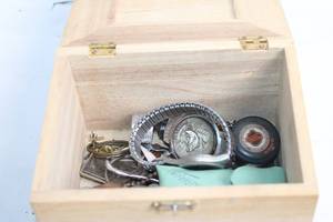 lot 101 image: Wooden Box with Assorted Metal Items including Watches and Keychains