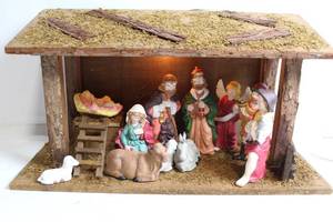lot 124 image: Ceramic Nativity Scene Set with Wooden Stable and Light