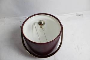 lot 132 image: Vintage Burgundy Leatherette Ice Bucket with Tongs