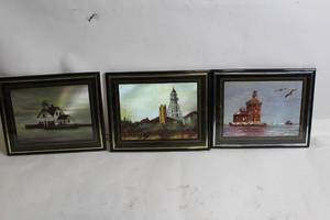 lot 140 image: Set of 3 Framed Lighthouse Paintings