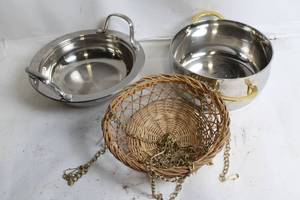 lot 152 image: Set of Stainless Steel Buffet Servers and Wicker Hanging Basket