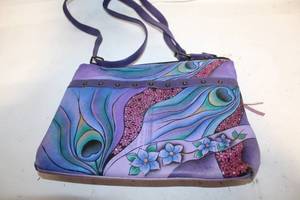Anuschka Handpainted Leather Crossbody Bag with Floral and Peacock Design