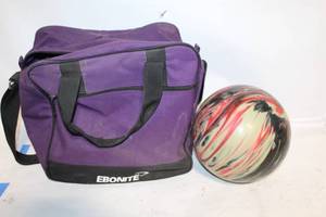 lot 172 image: Ebonite Bowling Ball with Purple Tote Bag