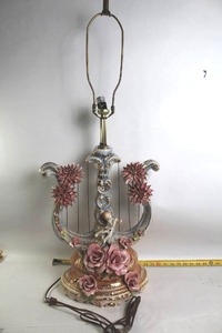 lot 221 image: Vintage Porcelain Table Lamp with Floral and Cherub Design