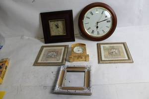 lot 288 image: Eclectic Collection of 4 Wall Clocks and 3 Picture Frames