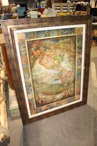 lot 298 image: Framed Antique-Style World Map Print with Ornate Details