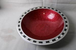 lot 61 image: Red Decorative Bowl with Checkerboard Edge, 16-inch Diameter