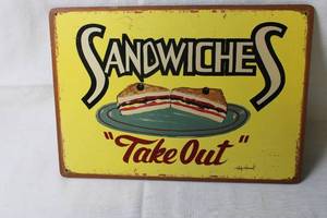 lot 62 image: Vintage Sandwiches Take Out Metal Sign