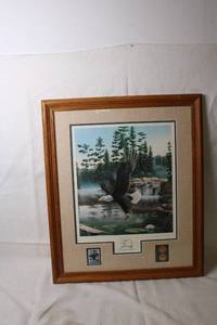 lot A-75 image: Framed Boundary Waters Limited Edition Print by Leo Stans with Coins and Stamp