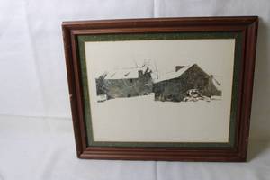 lot 78 image: Framed Winter Scene Watercolor Painting with Wooden Frame