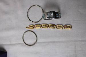 lot 87 image: Collection of Jewelry Turquoise-Inlay Watch, Gold-Toned Ankh Bracelet & Two Bangles