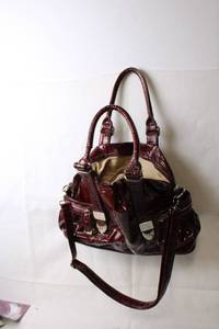 lot 110 image: Vintage Burgundy Patent Leather Handbag with Silver Hardware