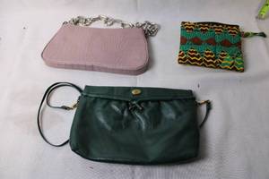 lot 117 image: Collection of 3 Fashionable Bags Pink Croc Pattern, Green Leather, and Colorful Pouch