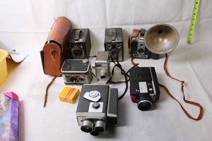 Collection of Vintage Box and Film Cameras with Accessories