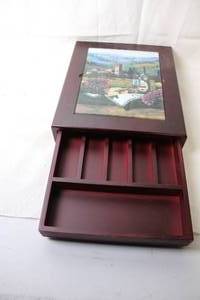 lot 130 image: Vintage Cooks Wine Themed Wooden Box with Sliding Lid
