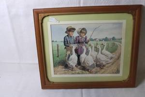 lot 132 image: Framed Art Print of Children with Geese by Art Smith