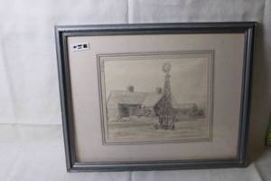 lot A-134 image: Framed Pencil Drawing of Farm Scene by Claire Wielfel