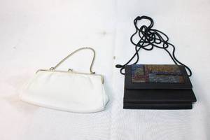 lot 166 image: Set of 2 Vintage Evening Clutches White Leather and Black Beaded