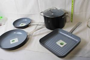 lot 219 image: Green Pan Nonstick Cookware Set with Skillet, Grill Pan, and Stockpot