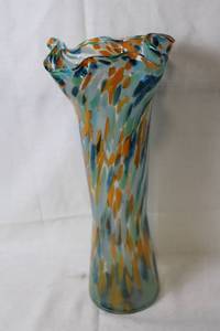 lot 221 image: Tall Multicolored Art Glass Vase with Ruffled Rim