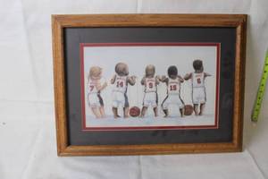 lot 228 image: Framed Artwork Featuring Baby Basketball Players, 18x24 Inches