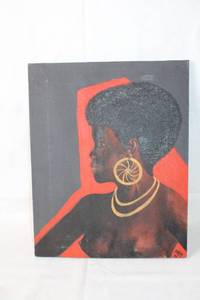lot 229 image: Vintage Signed Portrait Painting of Woman with Afro and Earrings