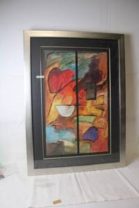 lot 237 image: Large Abstract Framed Art Piece with Colorful Design