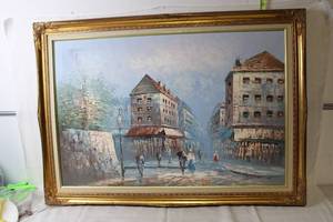 lot A-241 image: Framed Oil Painting of European Street Scene by Burnett