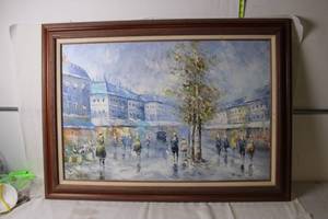 lot 242 image: Large Framed Painting by R. Yan - Cityscape with Figures