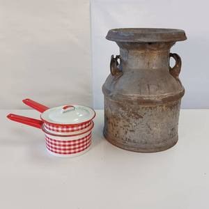 lot 14 image: Hard to find half  size Vintage Milk Can and a bonus enamel pot.