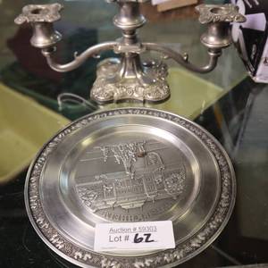 lot 62 image: ZINC PLATE AND SILVER PLATED CANDLESTICK HOLDER