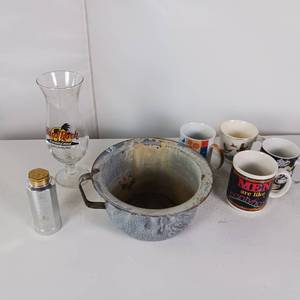 lot 188 image: ENAMEL POTTY POT AND COFFEE CUPS  HURRICANE GLASS