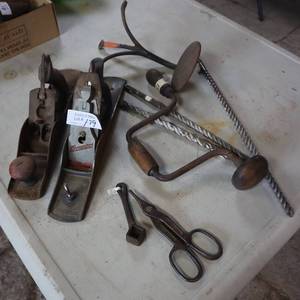 lot 179 image: LOT OF MISC TOOLS   2 PLANERS  HAND DRILL   CUSTOM WROUGHT IRON CREATION