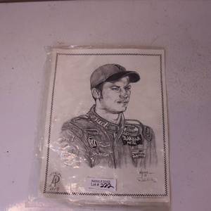 lot 222 image: PRINT OF DRAWING OF BUD DRIVER  RACE CAR  DALE EARNHARDT JUNIOR   BY ATKINS COPYRIGHT LITHOGRAPH