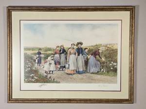 lot 8 image: Jennie Brownscombe Berry Pickers Vintage Print Singed in Professionally Framed