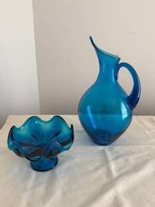 lot 38A image: Blue MCM Swung Glass Pitch and Viking Glass Bowl