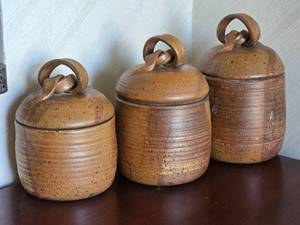 lot 15 image: Striking Signed Studio Art Ceramic Kitchen Jar Set - (3)