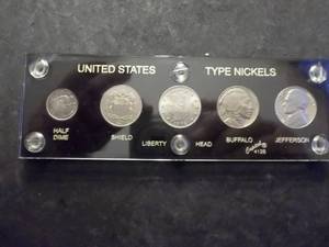 US Type Nickels 1861 Half Dime, 1867 Shield, 1902 Libery Head, 1935 Buffalo & 1970 S Jefferson Proof