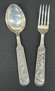 lot 64A image: Vintage David Andersen Childrens Sterling Silver Fork and Spoon Set  Vintage David Andersen Rabbit Fox  Bear Baby Fork and Spoon Set