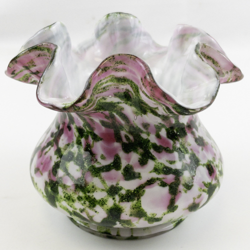 lot 25N image: FENTON VASA Murrhina Adventurine, Pink, & White Double Ruffle Vase.