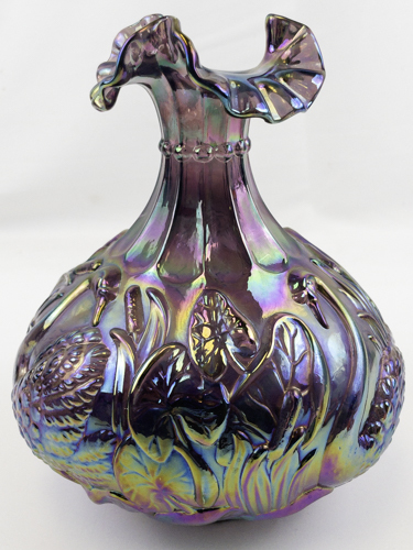 lot 26G image: FENTON 8 Plum Carnival Waterlily Swan Ruffle Vase.