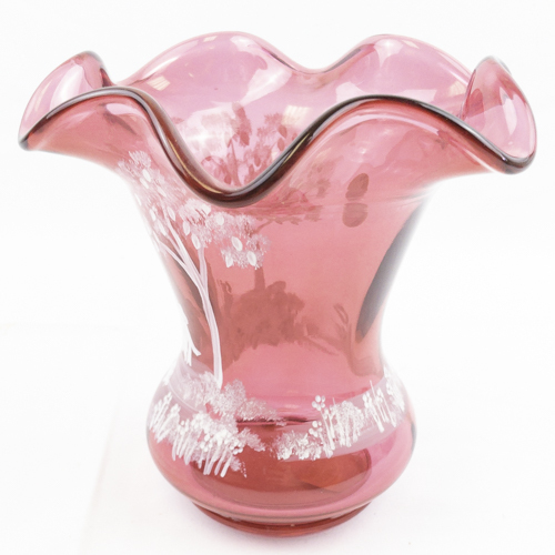 lot 26T image: FENTON Mary Gregory Cranberry Hand painted Ruffle Rimmed Vase. LIMITED EDITION #753200