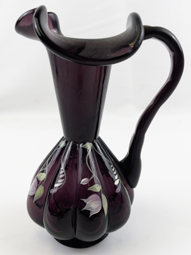 lot 27B image: FENTON 7 Amethyst Hand painted Floral Pitcher.