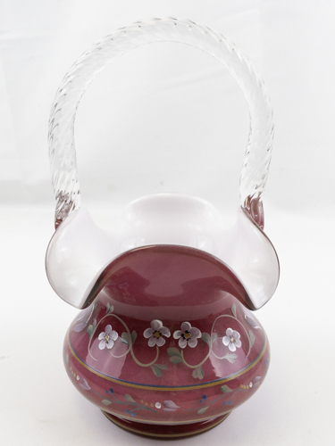 lot 28A image: FENTON 8.5 Wild Rose Overlay with Spial Rope Handle Hand painted Floral Basket. LIMITED EDITION #9250